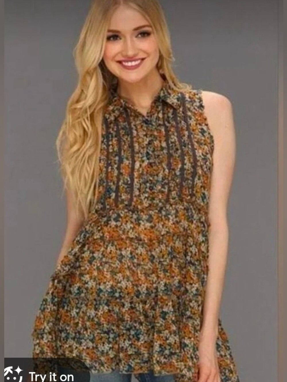 Free People Women’s After Dark Garden Floral Sleeveless Collared Button Tunic M